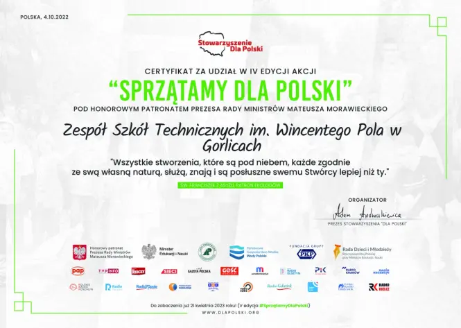 certyfikat za czynne uczestnictwo w akcji - Sprzątamy dla Polski